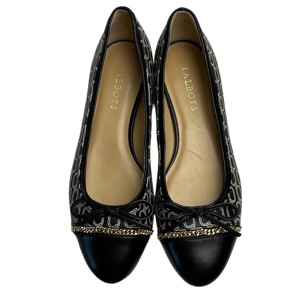 Talbots Black Chain Link Print Cap Toe Quiet Luxury Ballet Flats Sz 7.5